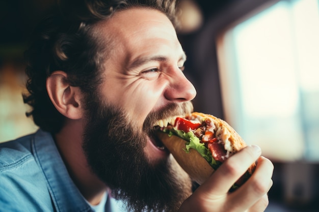 Free photo side view man eating taco