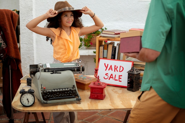 Free Photo side view man and girl at garage sale
