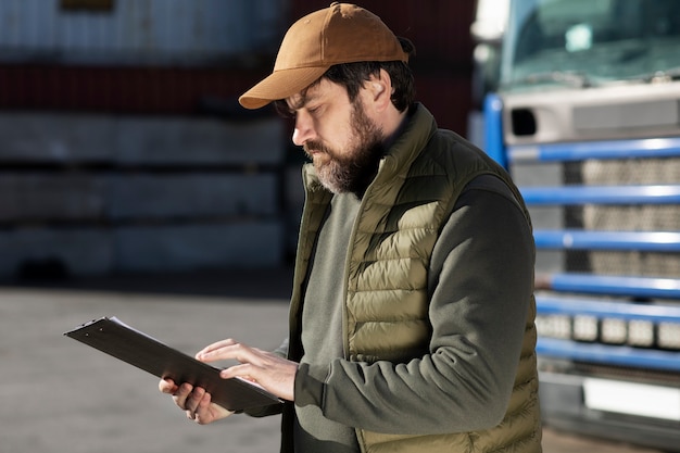 Free photo side view man holding clipboard