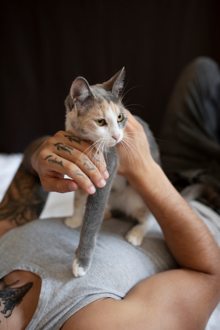 Free Photo side view man holding cute cat