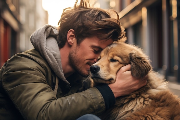 Uomo con vista laterale che tiene il cane