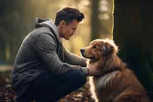 Foto gratuita uomo con vista laterale che tiene il cane