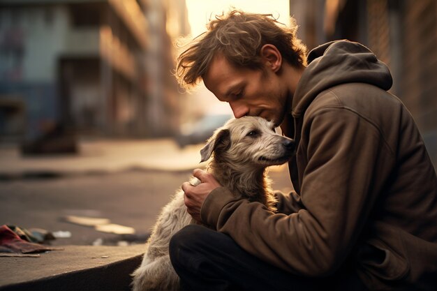 Side view man holding dog