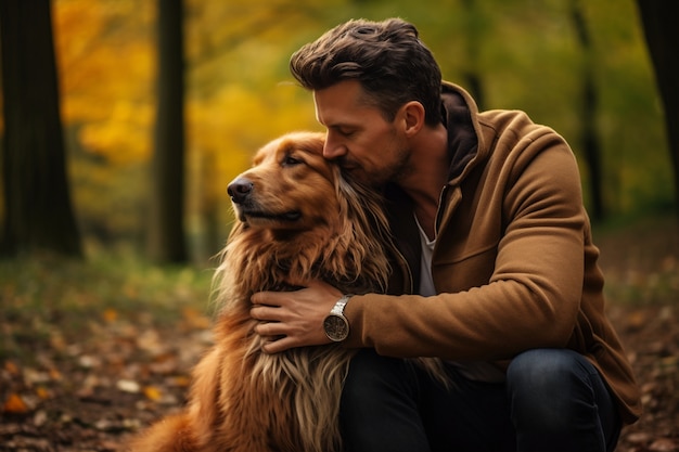 Вид сбоку мужчина держит собаку