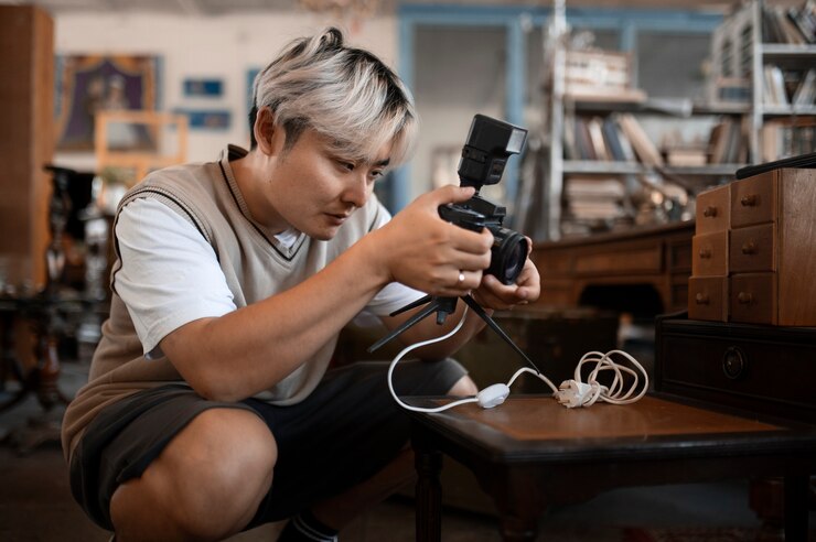Free Photo side view man holding photo camera