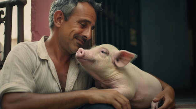 Free photo side view man holding pig