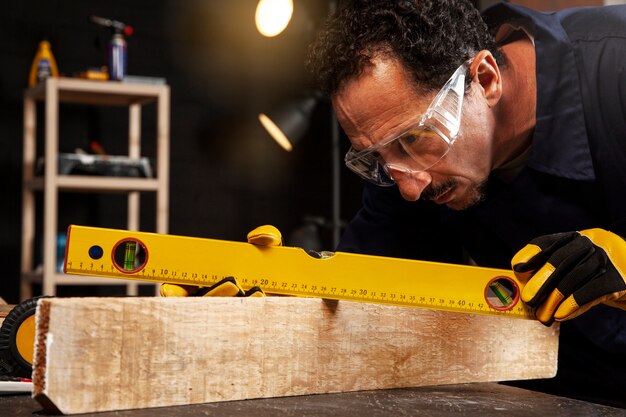 Side view man measuring wood