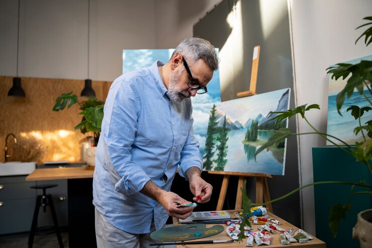 無料Photo 家で絵を描く男のサイドビュー