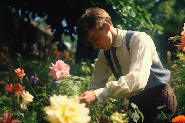 Free photo side view man picking flowers