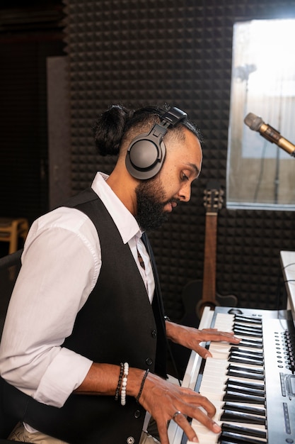 Foto gratuita uomo di vista laterale che suona il pianoforte in una stazione radio