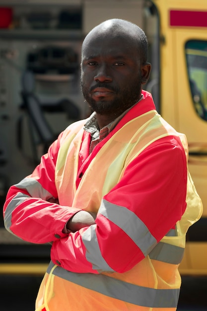 Free photo side view man posing with crossed arms