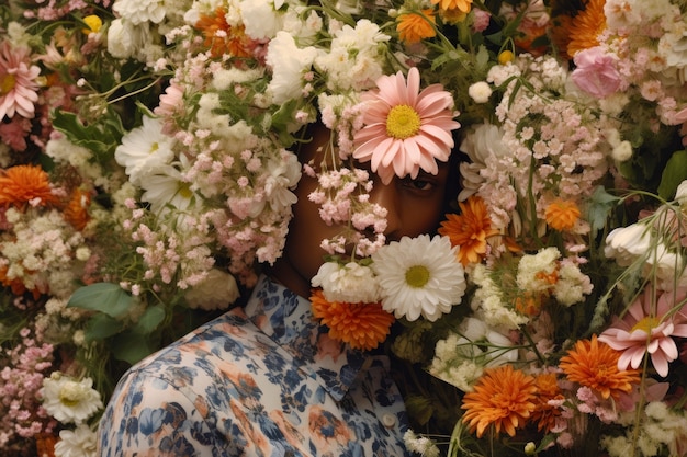 Бесплатное фото Сбочный вид человека, позирующего с цветами
