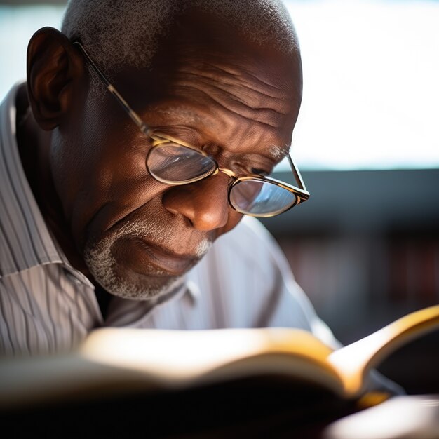 Side view man reading book