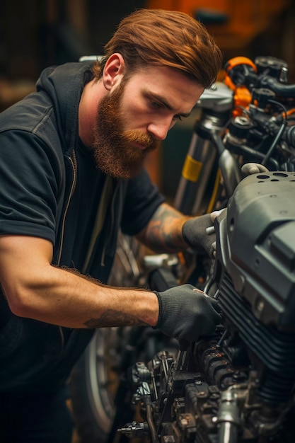 Вид сбоку мужчина ремонтирует мотоцикл