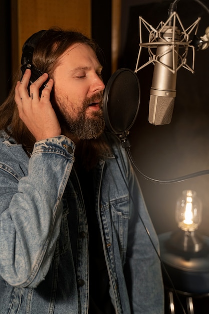 Free photo side view man singing in studio