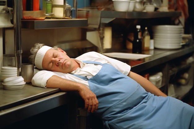 Free photo side view man sleeping in kitchen