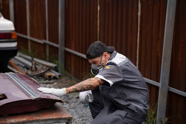 Free photo side view man spraying powder paint