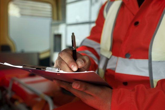 Uomo di vista laterale che prende appunti in macchina dell'ambulanza