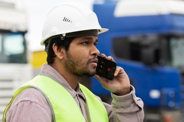 Side view man talking on phone