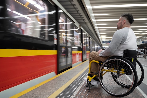 Side view man traveling in wheelchair