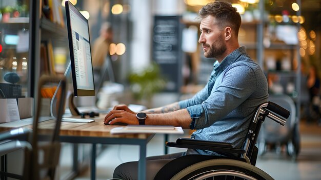 Side view man in wheelchair at work