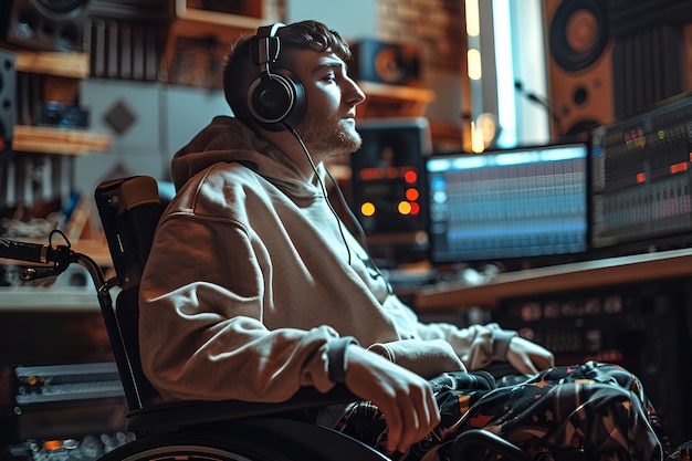 Free photo side view man in wheelchair at work