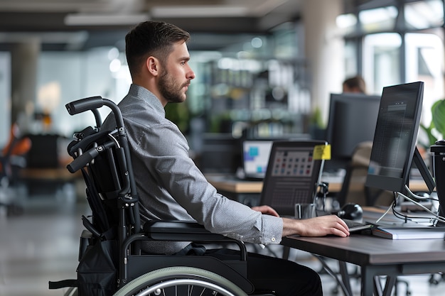 Side view man in wheelchair at work