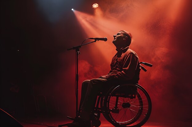 Side view man in wheelchair at work