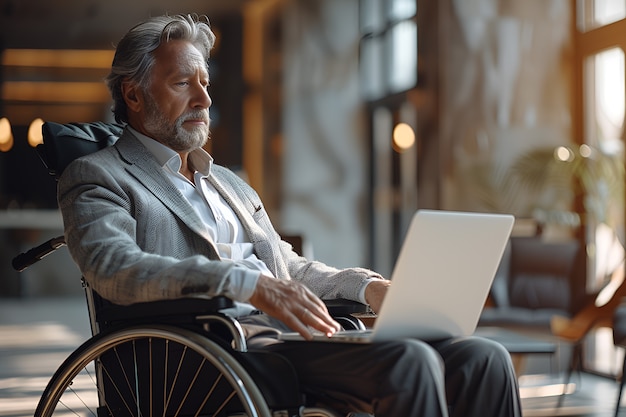 Free photo side view man in wheelchair at work