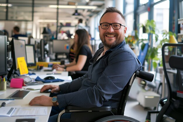 Foto gratuita vista laterale uomo in sedia a rotelle al lavoro