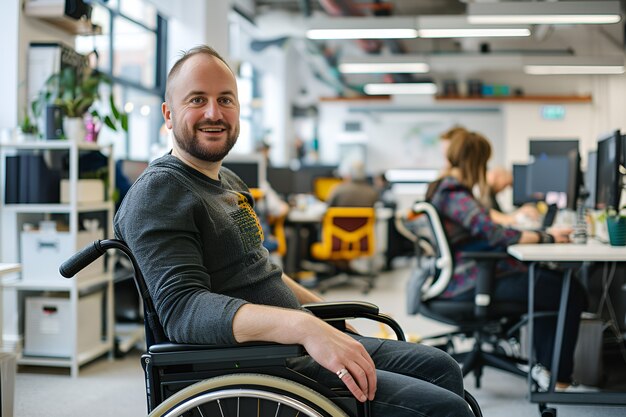 Free photo side view man in wheelchair working