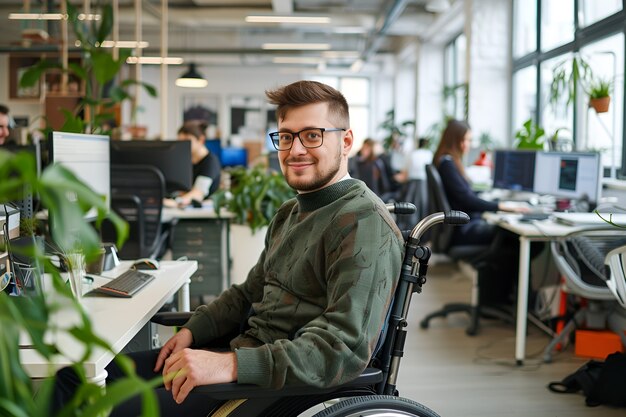 Side view man in wheelchair working