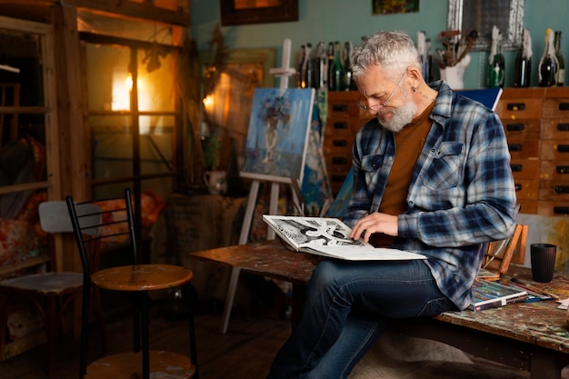 Side view man with drawing notebook