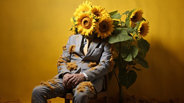Side view man with sunflowers