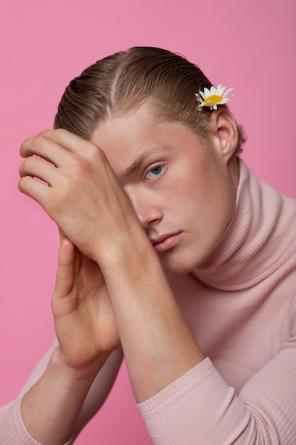 Side view man with white flower