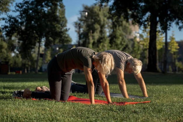 Side view of mature couple doing yoga outdoors