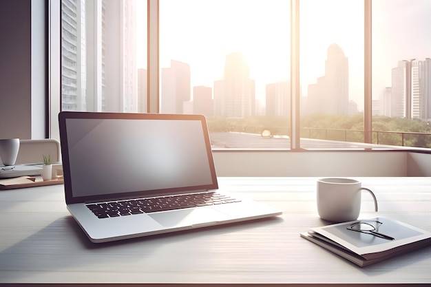 Free photo side view of modern workplace with blank laptop screen coffee cup and other items on windowsill mock up 3d rendering