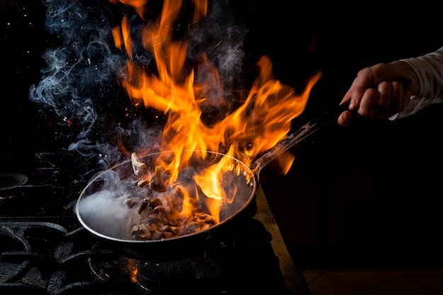 Side view mushroom frying with stove and fire and human hand in pan