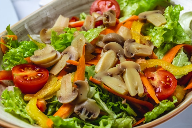 Side view mushroom salad with pickled mushrooms orange bell pepper carrot lettuce and tomato on a plate