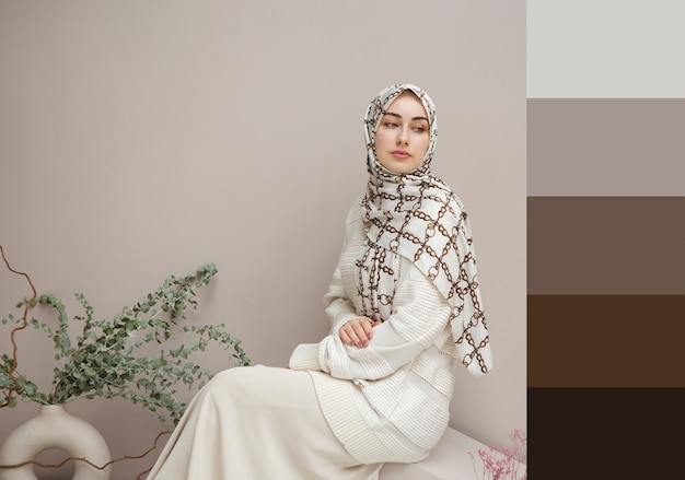 屋内でポーズをとって側面図のイスラム教徒の女性