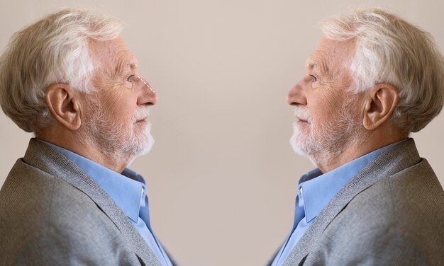 Side view old man before and after rhinoplasty