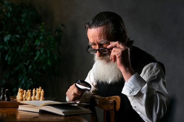 Free photo side view old man reading indoors