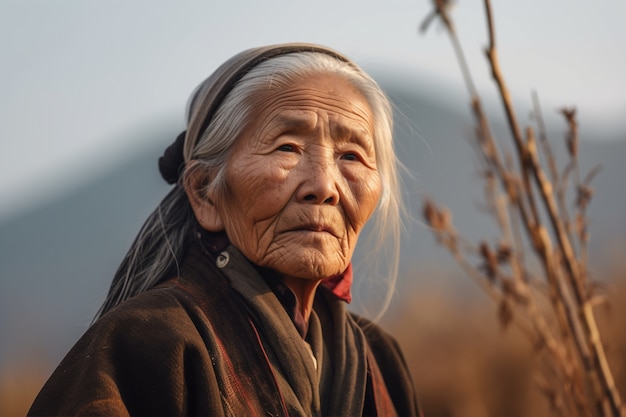 Side view old woman with strong ethnic features