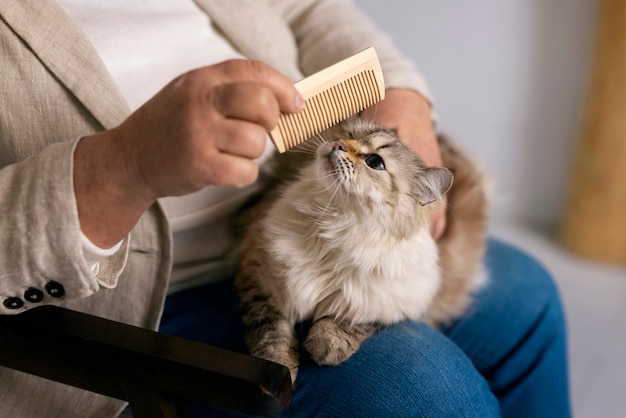 Foto gratuita proprietario di vista laterale che spazzola simpatico gatto