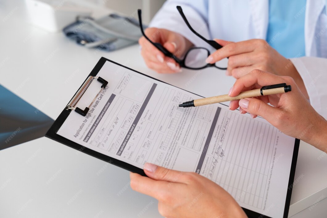 a, side view patient filling consent document