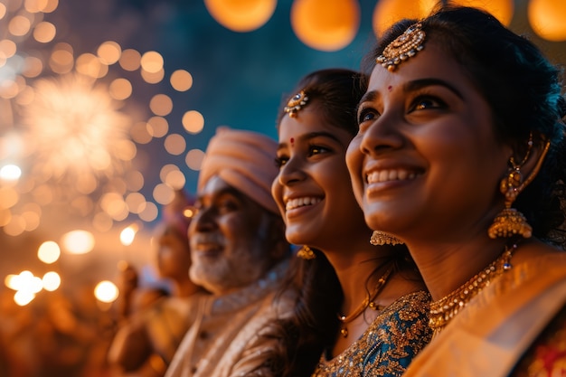 Free photo side view people celebrating tamil new year