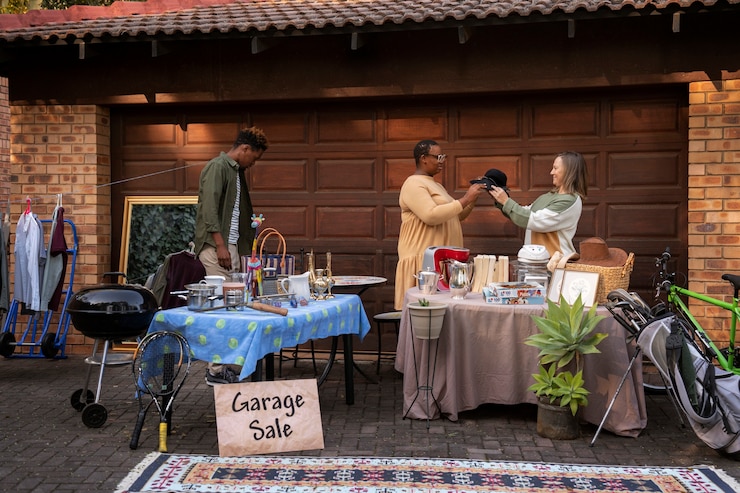 Free Photo side view people at garage sale