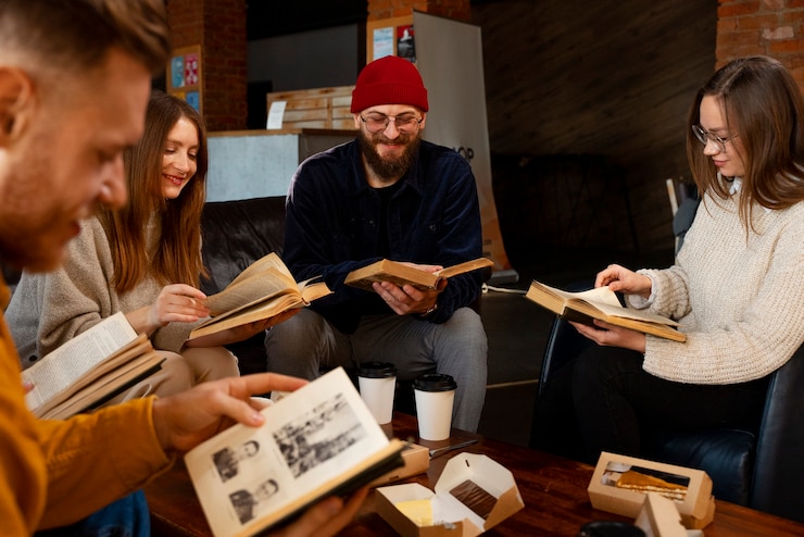 Free Photo side view people holding books