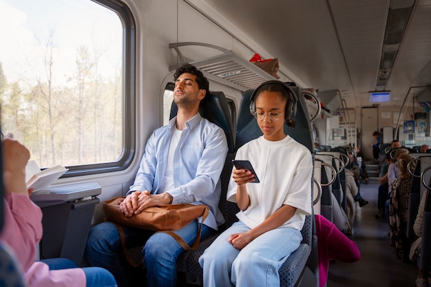 Foto gratuita vista laterale persone che viaggiano in treno