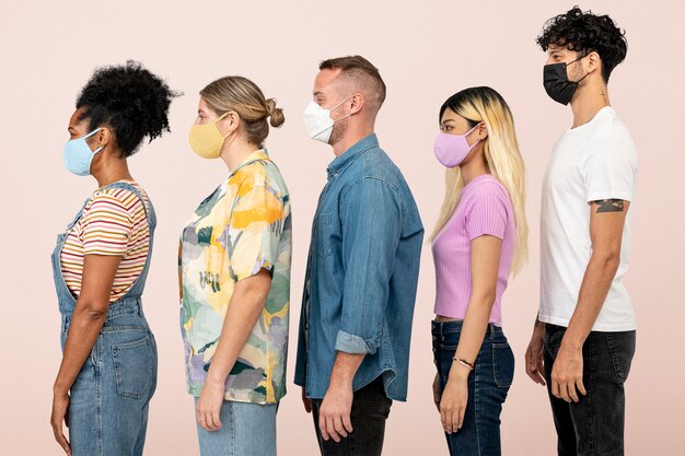 Side view of people wearing masks in the new normal